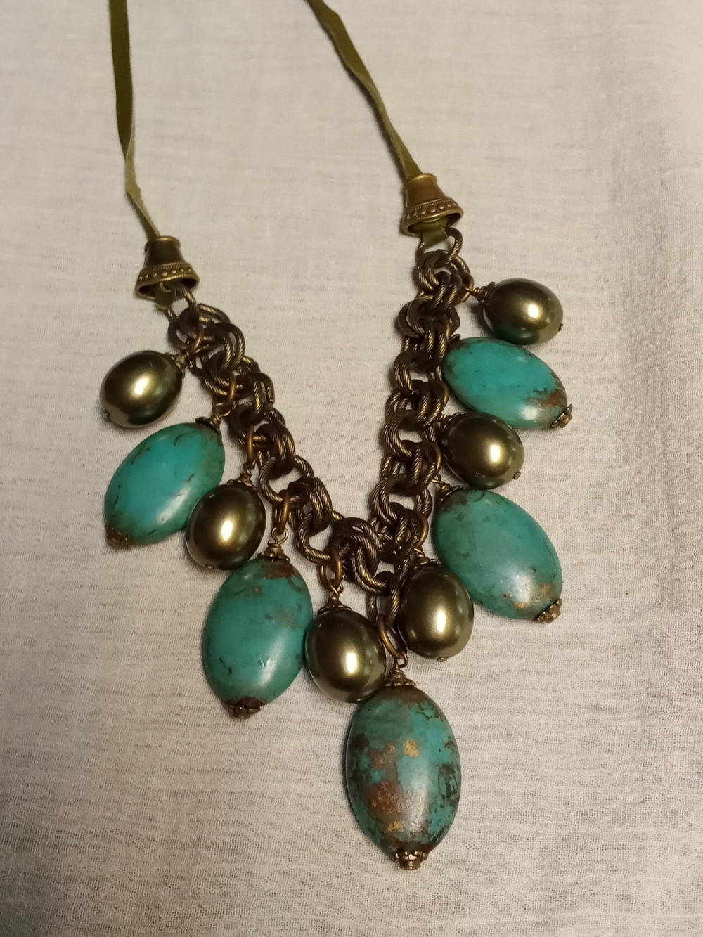Turquoise Stone and Antique Bronze Chain Statement Necklace